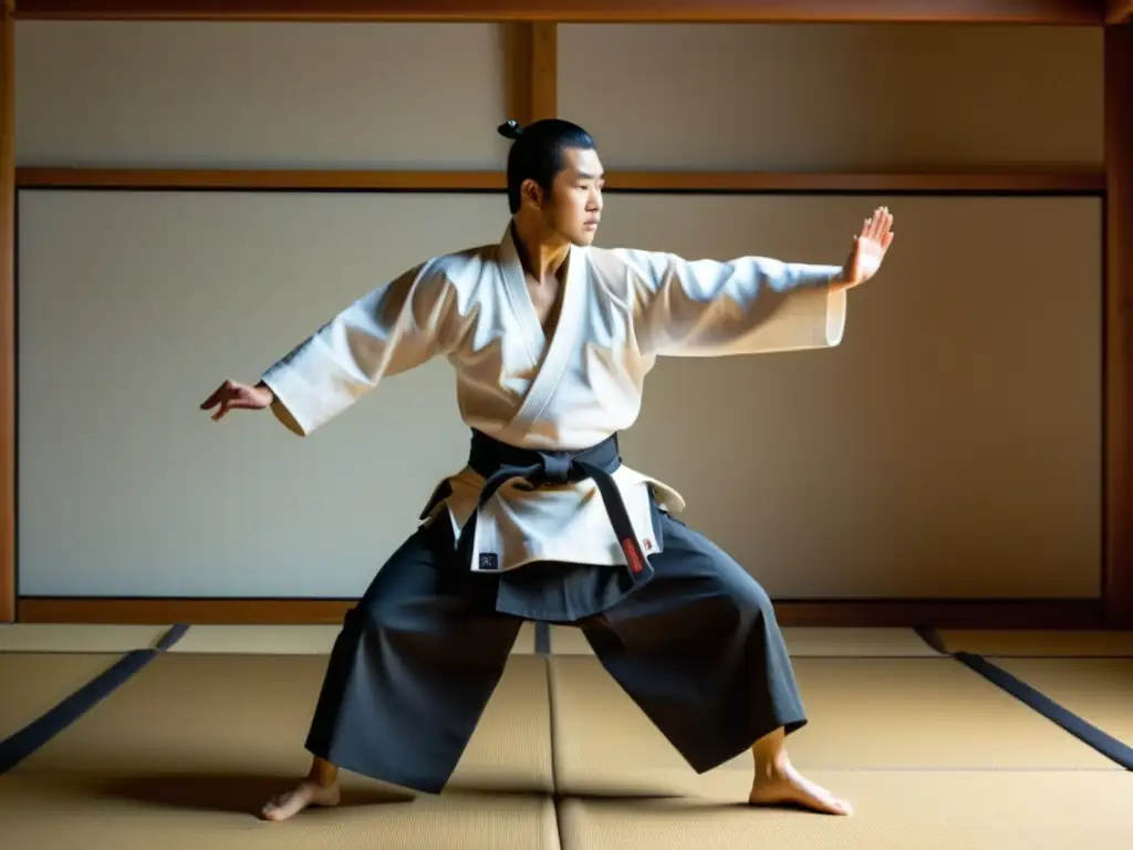 Un maestro de Aikido ejecuta movimientos precisos en un dojo tradicional, vistiendo un hakama adecuado para Aikido