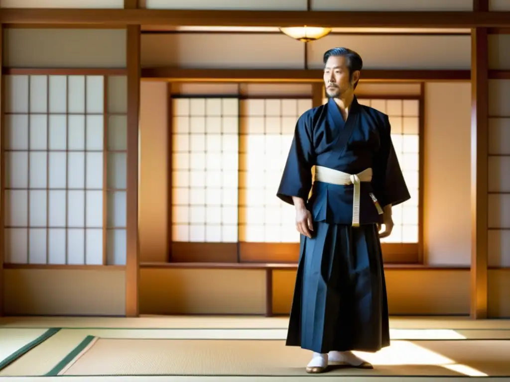 Un maestro de Aikido en su sereno dojo, vistiendo un Hakama adecuado para Aikido