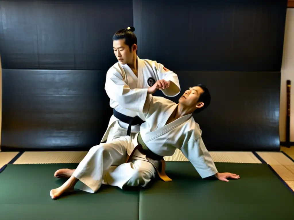 Maestro de Aikido ejecutando técnica de bloqueo con gracia, expresando maestría y concentración en auténtico dojo