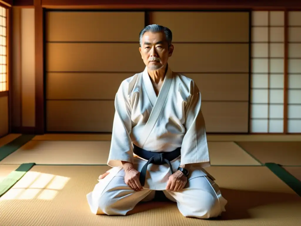 Maestro de Aikido ejecutando una técnica precisa en un dojo sereno, reflejando la Filosofía del Aikido en Japón