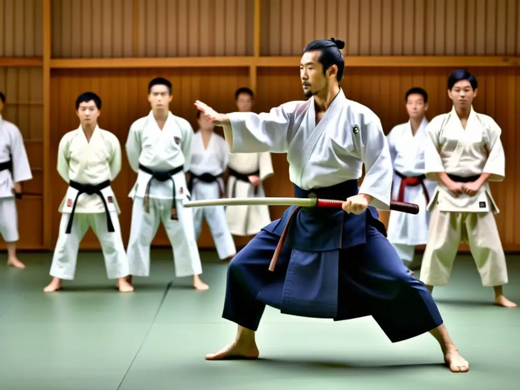 Un maestro de Aikido demostrando una técnica en un dojo tradicional, mejorando práctica Aikido conciencia espacial