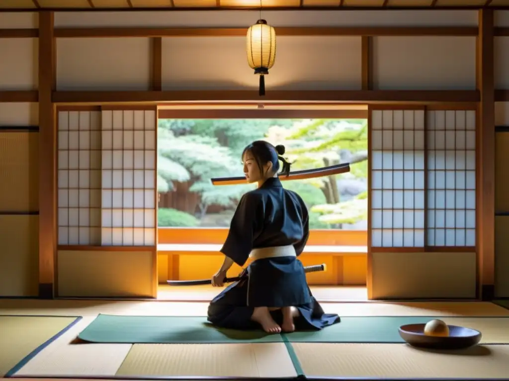 Maestro de Aikido demuestra técnica en dojo japonés con herramientas de entrenamiento Jodo, creando atmósfera de disciplina y tradición