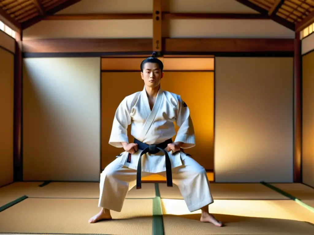 Maestro de Aikido ejecuta técnica con gracia en dojo sereno, reflejando la filosofía del Aikido Morihei Ueshiba