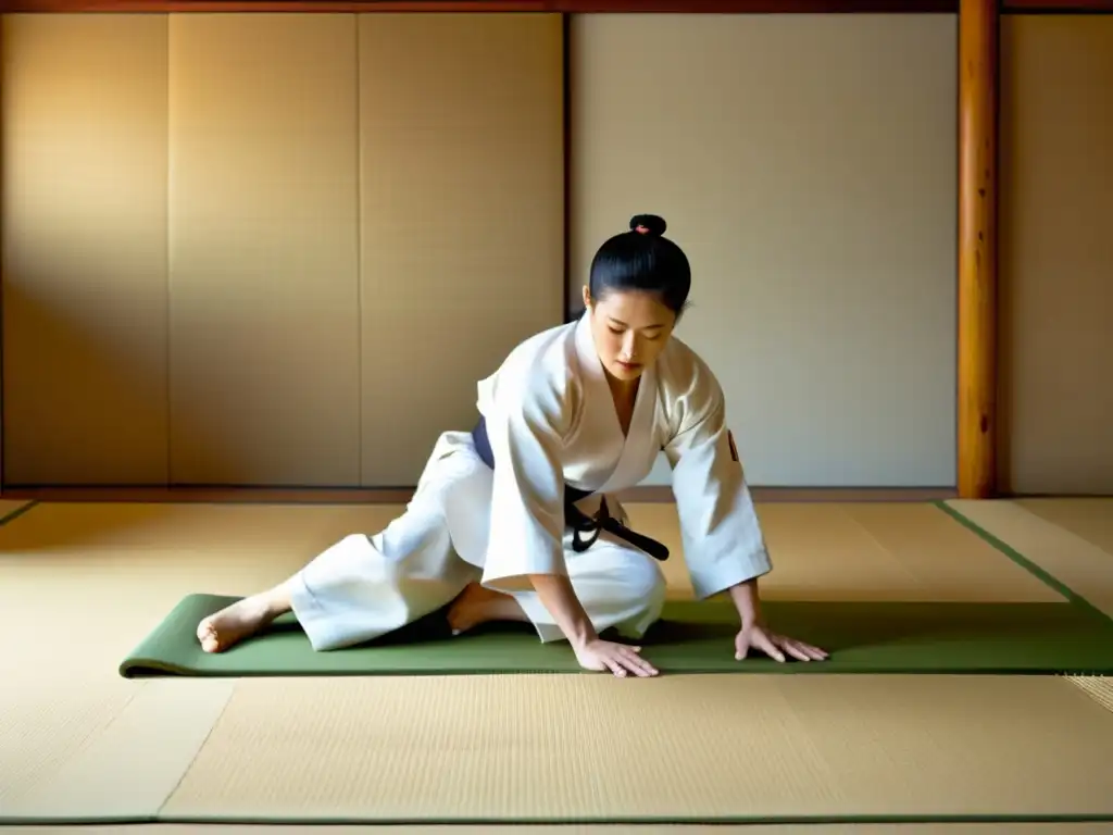 Un maestro de Aikido ejecuta una técnica con gracia en un dojo sereno, reflejando la influencia cultural en cine y televisión