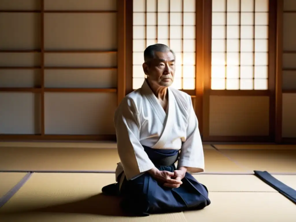 Maestro de Aikido demuestra técnica con gracia, rodeado de estudiantes en gi blanco en un dojo sereno