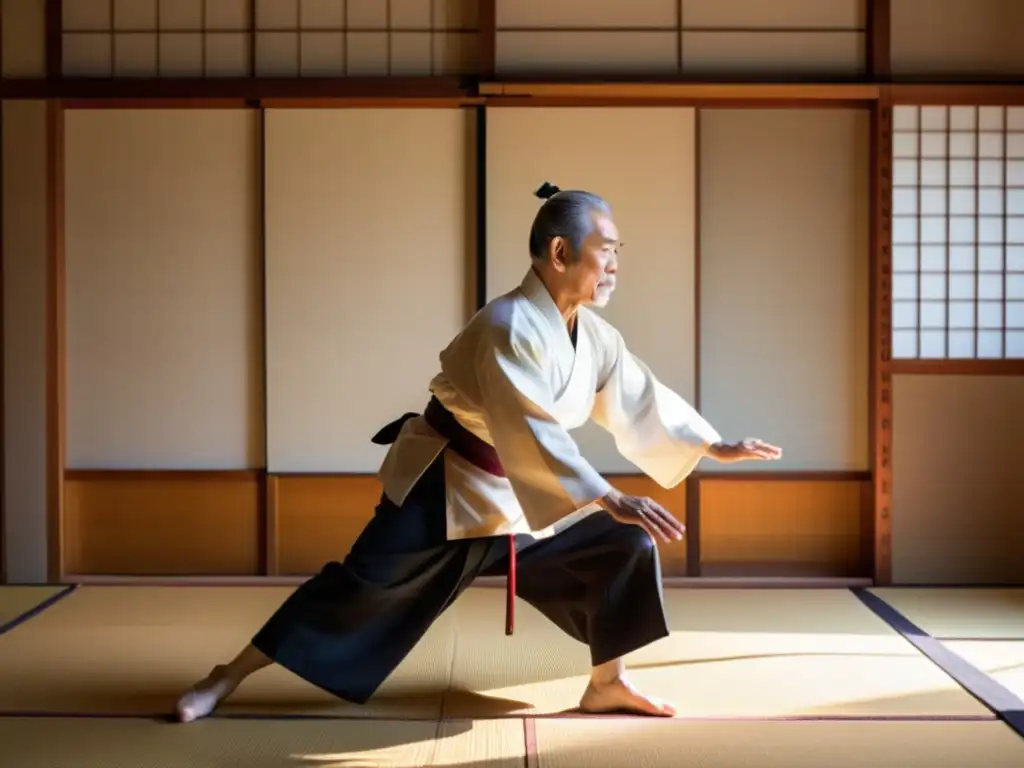 Maestro de Aikido ejecutando técnicas en dojo japonés con estudiantes observando