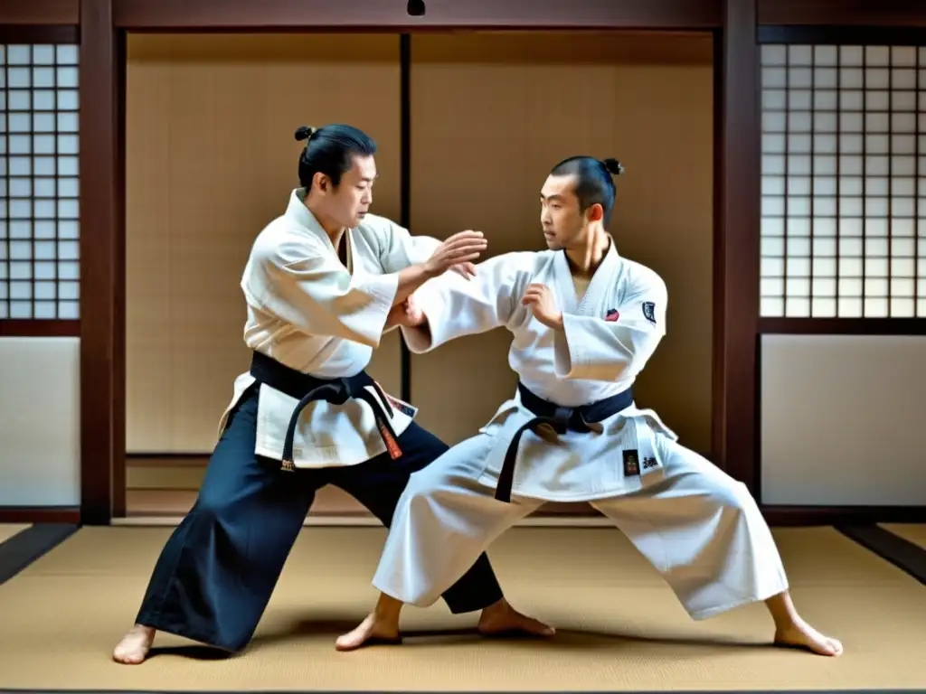 Maestro de Aikido demostrando técnicas con precisión y gracia en un dojo tradicional japonés, con intensidad y serenidad