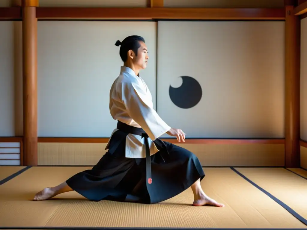 Un maestro de Aikido ejecuta técnicas seguras de ukemi con precisión y gracia en un dojo tradicional, emanando confianza y maestría