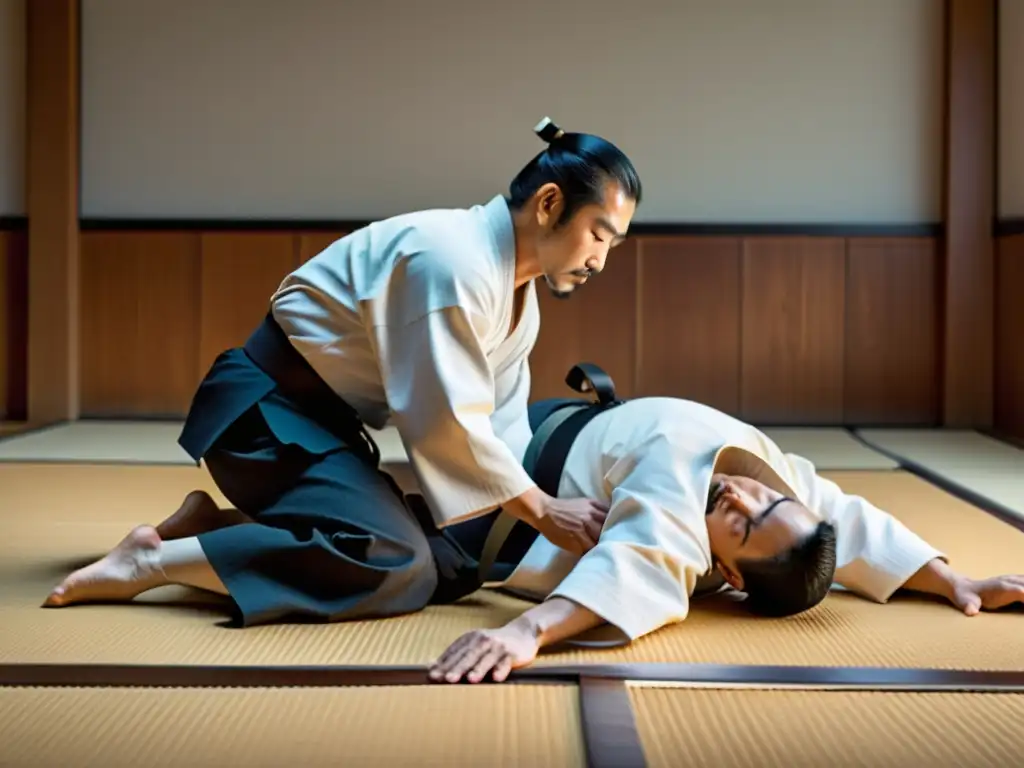 Maestro de Aikido ejecutando técnicas de inmovilización con serenidad en el dojo japonés