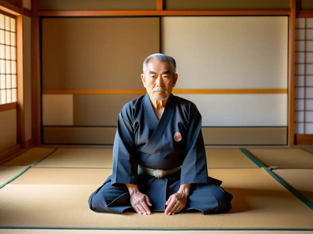 Un maestro anciano de Aikido en un dojo sereno, demostrando una técnica fluida con determinación