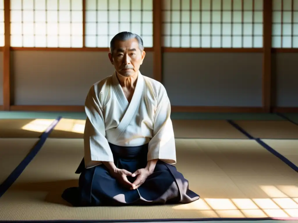 Maestro de Aikido muestra técnica en dojo sereno 'Un maestro anciano de Aikido, con gi y hakama blancos, enseña una técnica precisa y elegante a sus estudiantes en un dojo sereno