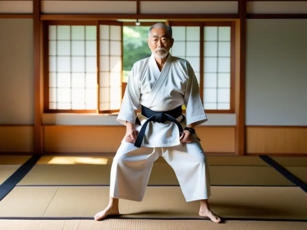 Un maestro anciano de Aikido ejecuta una técnica fluida en un dojo sereno, transmitiendo la filosofía del Aikido para resolver conflictos