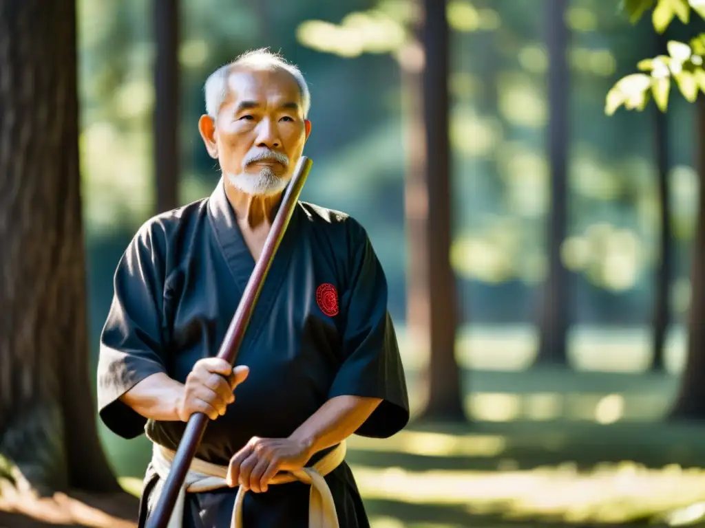 Un maestro anciano de Arnis en un claro soleado, con movimientos elegantes y una mirada enfocada