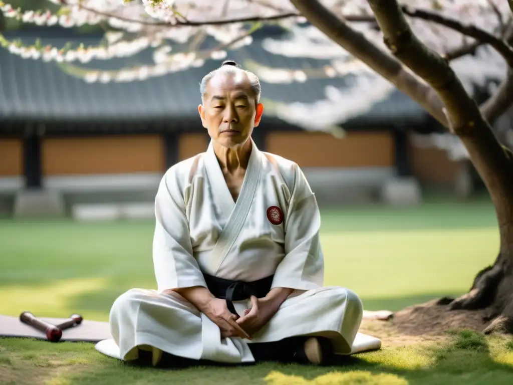 Un maestro anciano de artes marciales medita en un jardín sereno, rodeado de árboles de cerezos en flor