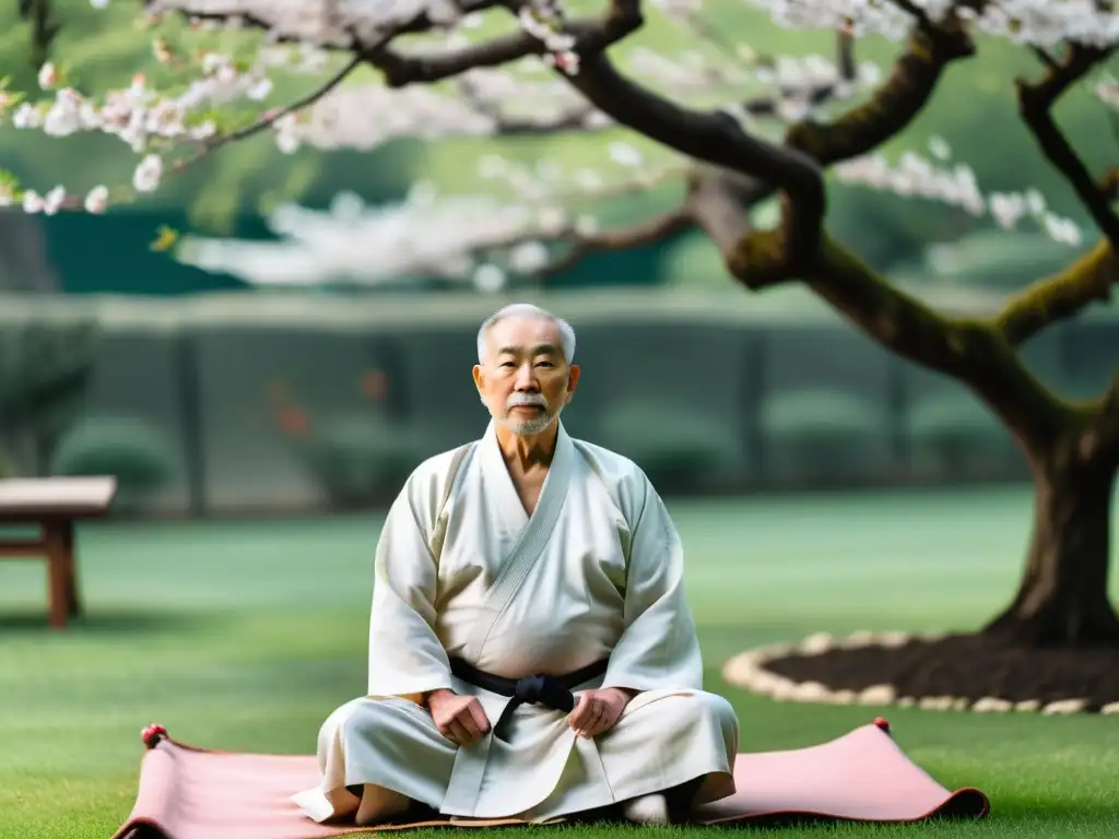 Un maestro anciano de artes marciales practica tai chi en un jardín sereno, rodeado de estudiantes