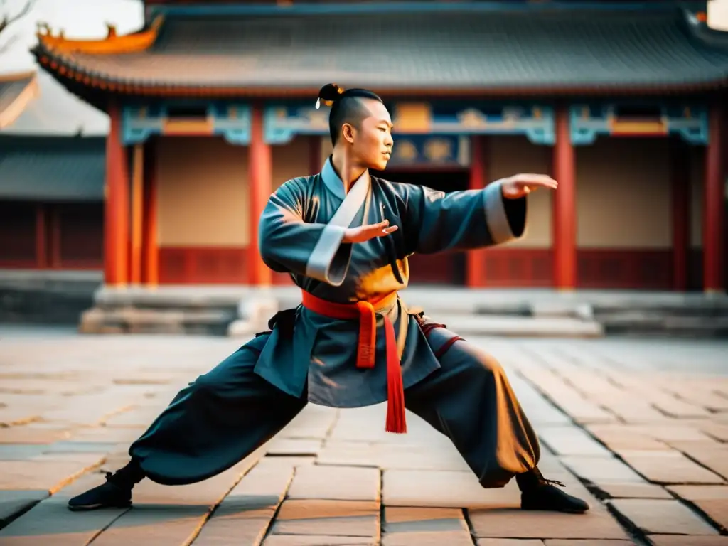 Un maestro anciano de artes marciales chinas en un templo al amanecer, demostrando movimientos de Kung Fu