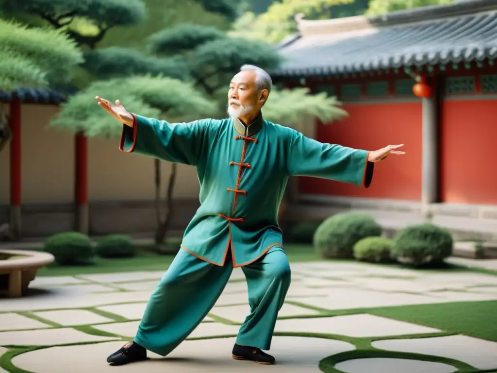 Un maestro anciano de Tai Chi, vestido con traje tradicional, realiza movimientos fluidos en un tranquilo patio bañado por el sol