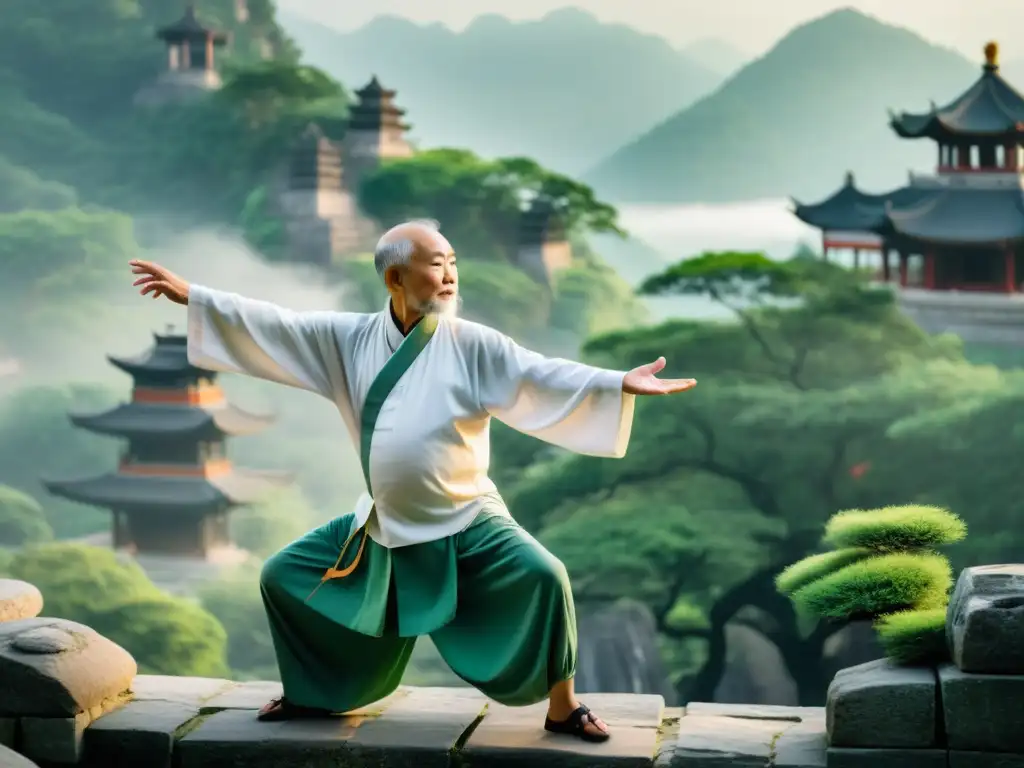 Maestro de Chi Kung en la montaña: Sabiduría y serenidad en la niebla Maestro anciano practicando Chi Kung en la cima de la montaña, rodeado de templos antiguos y exuberante vegetación