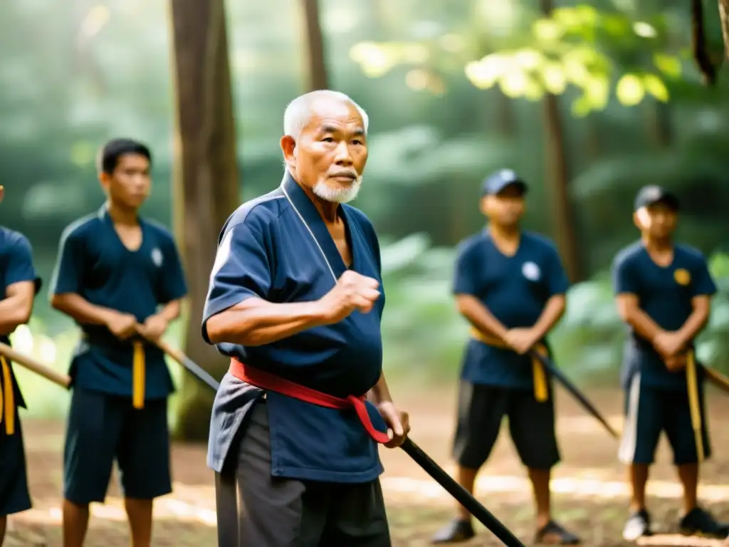 Un maestro anciano de Eskrima viste traje tradicional filipino en un claro de bosque, rodeado de estudiantes practicando con palos