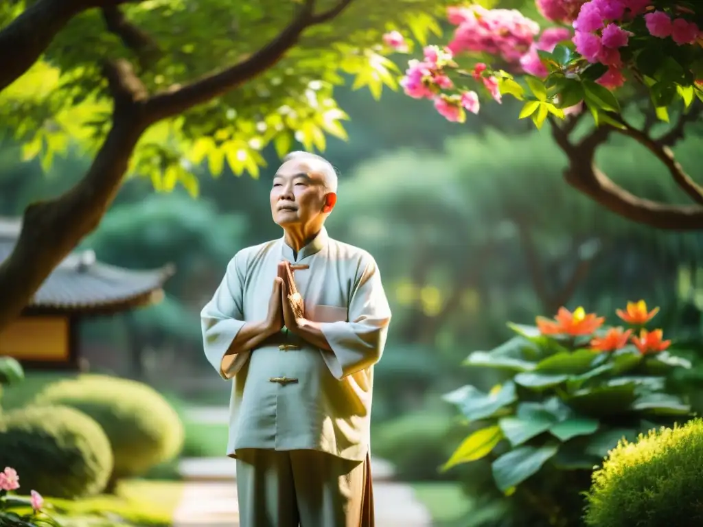 Un maestro anciano de Chi Kung medita en un exuberante jardín, dirigendo la energía chi con serenidad