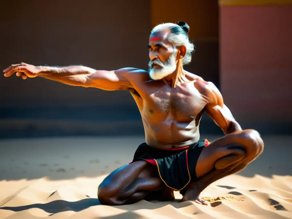 Un maestro anciano de Kalaripayattu muestra su fuerza y fluidez en poses complejas, inspirando con su disciplina y dedicación al entrenamiento físico en Kalaripayattu, mientras observadores quedan asombrados