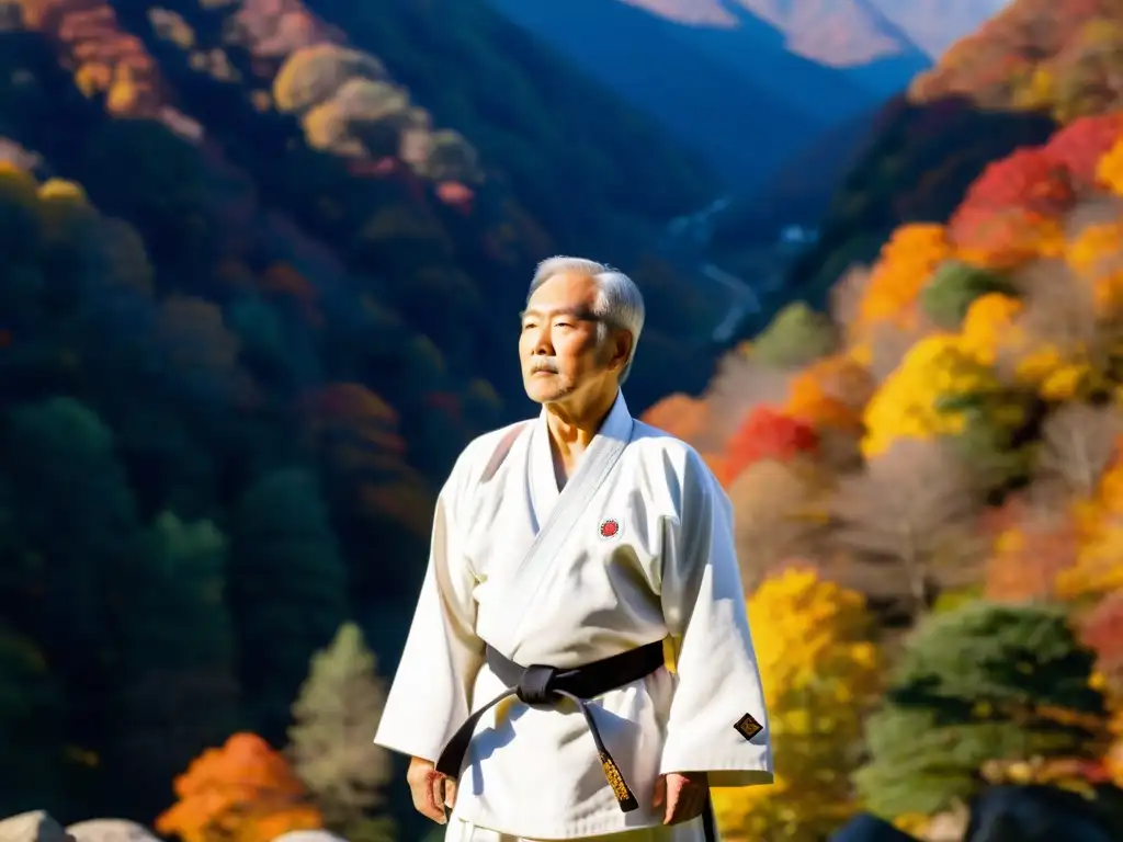 Un maestro anciano de Hapkido, vestido con un dobok blanco tradicional, observa con serenidad un paisaje de montaña otoñal mientras una hoja cae