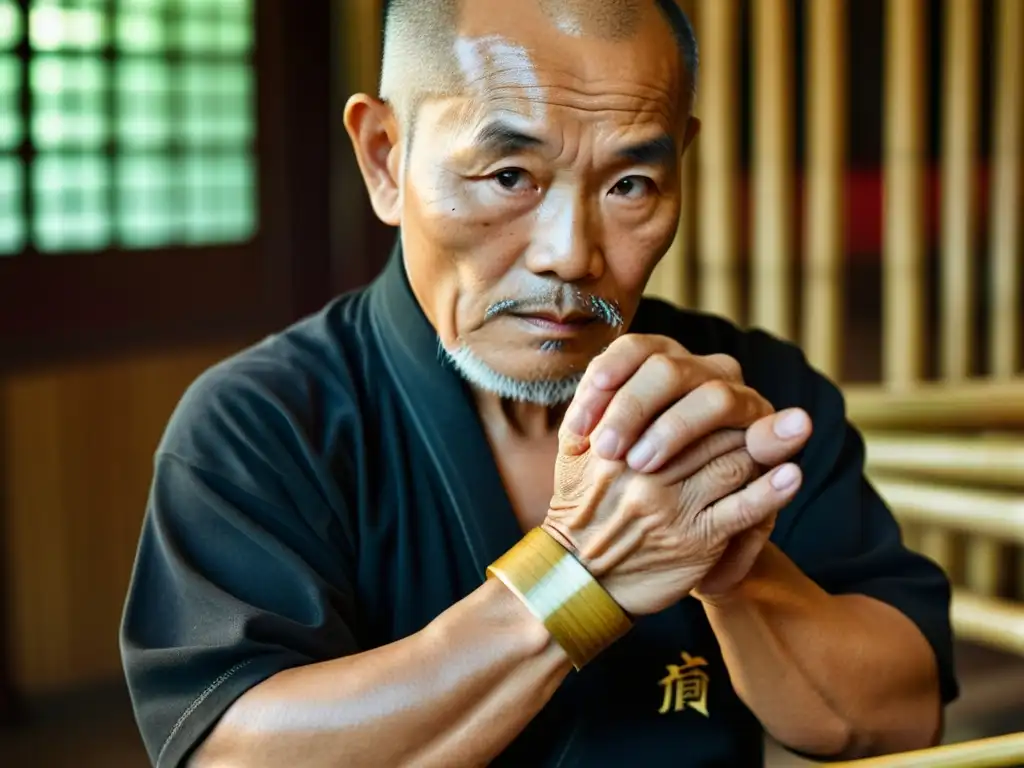 Un maestro anciano de Kung Fu envuelve cuidadosamente sus manos con vendas de bambú tradicionales, mostrando años de práctica y dedicación al arte marcial