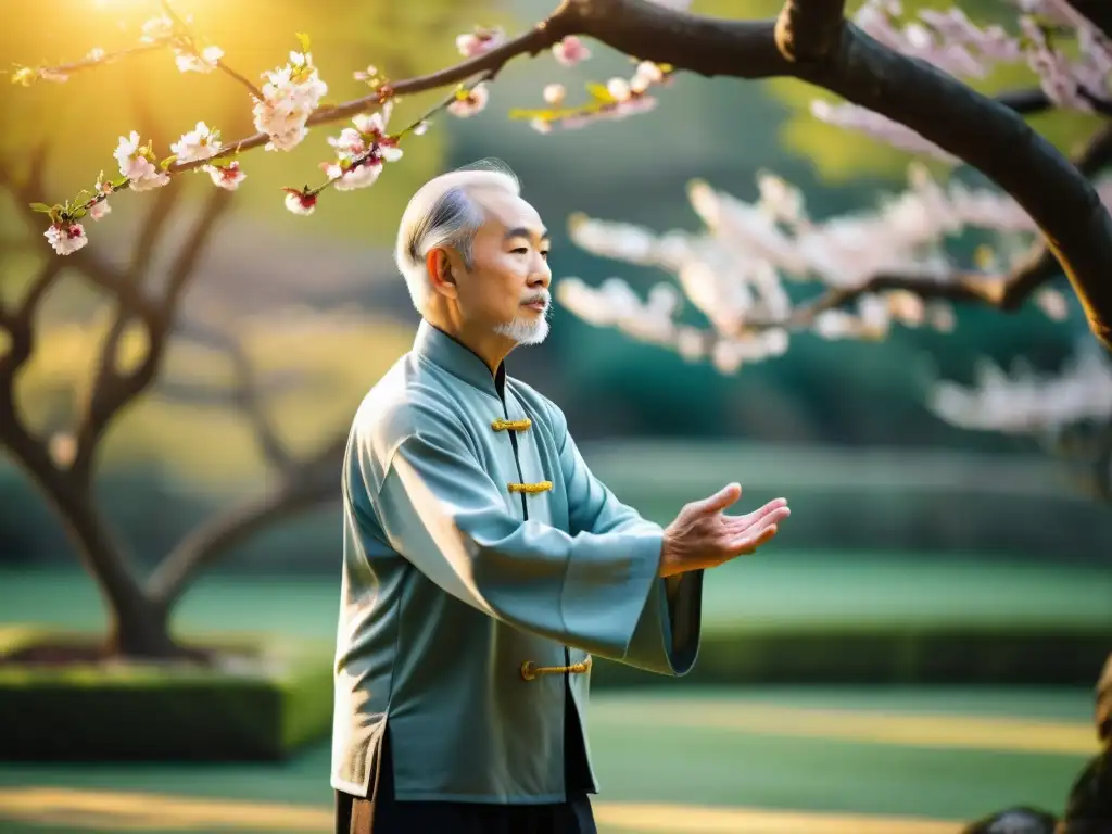 Un maestro anciano de Tai Chi practica movimientos lentos y delicados en un jardín sereno con árboles de cerezo en flor