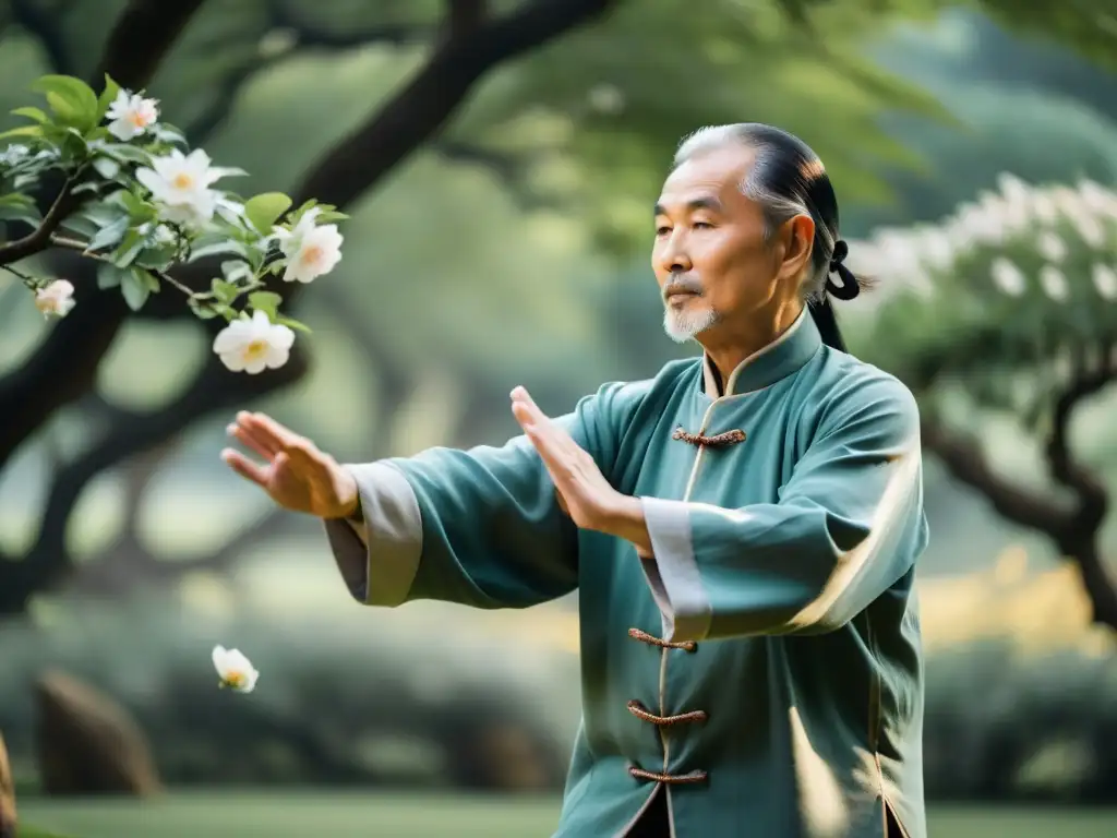 Un maestro anciano de Tai Chi, vistiendo ropa tradicional, practica en un jardín sereno