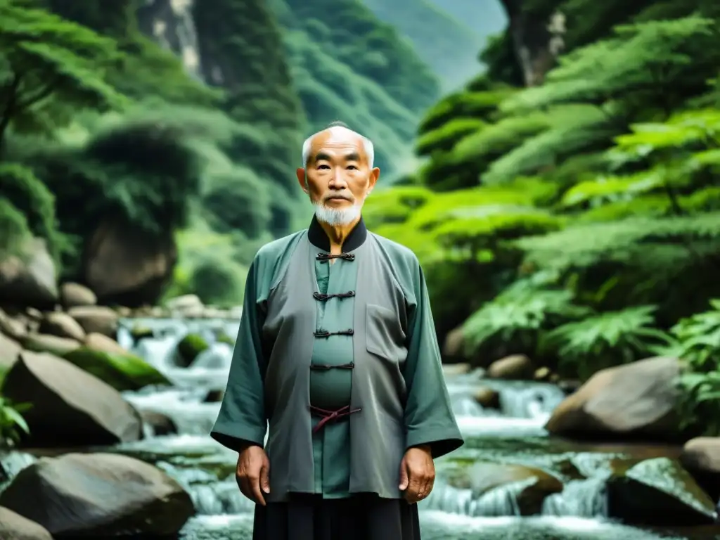 Un maestro anciano de Kung Fu muestra su sabiduría y disciplina en un entorno natural, transmitiendo la esencia de la Filosofía del Kung Fu Confuciana