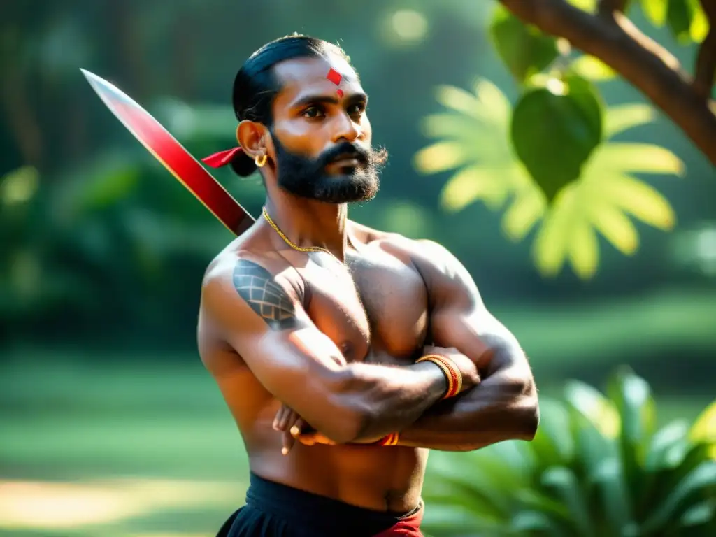 Un maestro antiguo de Kalaripayattu, con atuendo tradicional, sostiene una espada reluciente en medio de exuberante vegetación