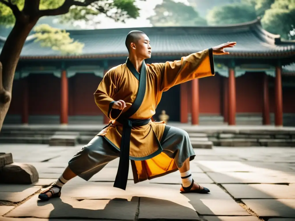 Un maestro de Kung Fu Shaolin en un antiguo templo ejecutando movimientos poderosos, transmitiendo disciplina y sabiduría centenaria