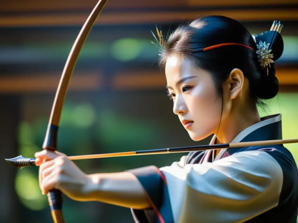 Un maestro arquero de Kyudo dibuja un arco yumi perfectamente equilibrado, con una expresión y postura que transmiten concentración y habilidad