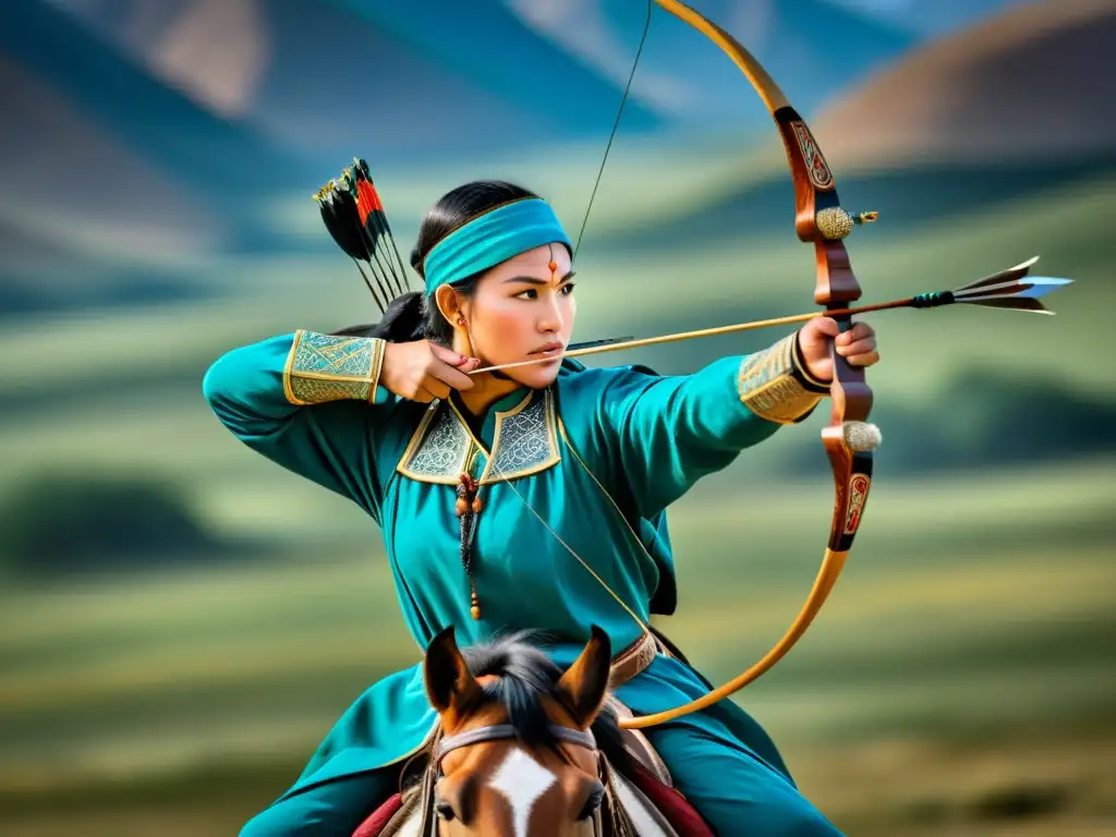 Un maestro arquero a caballo en la tradicional vestimenta de Asia Central, con un arco decorado y determinación