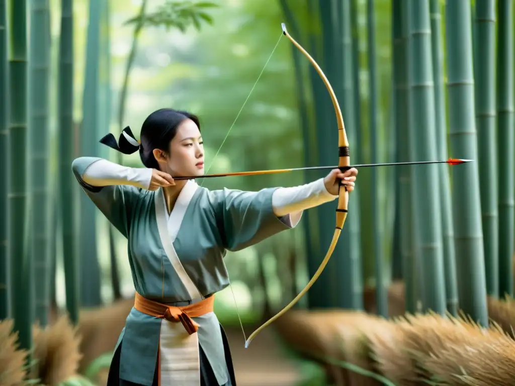 Un maestro arquero de Kyudo en un bosque de bambú, con un yumi elegante, concentración y calma