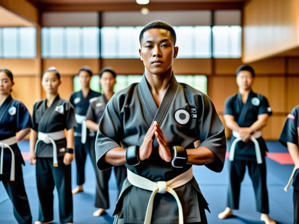 Un maestro de artes marciales con wearables de alta tecnología mejora técnica combate, rodeado de estudiantes dedicados en un dojo tradicional