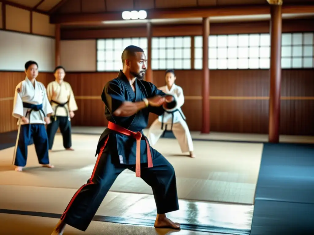 Maestro de artes marciales imparte enseñanzas en tradicional dojo Un maestro de artes marciales guía a sus alumnos con precisión en un dojo tradicional, transmitiendo disciplina y dedicación