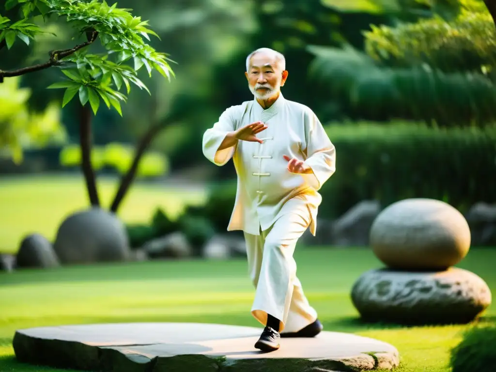 Un maestro de artes marciales anciano practicando tai chi en un jardín sereno, rodeado de exuberante vegetación y antiguas esculturas de piedra