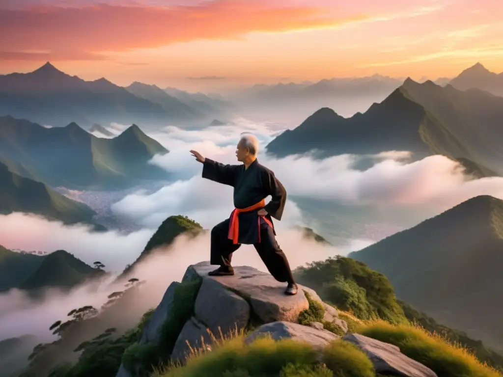 Un maestro de artes marciales anciano practica Qi Gong en la cima de una montaña al amanecer, su silueta se recorta contra el cielo naranja y rosa