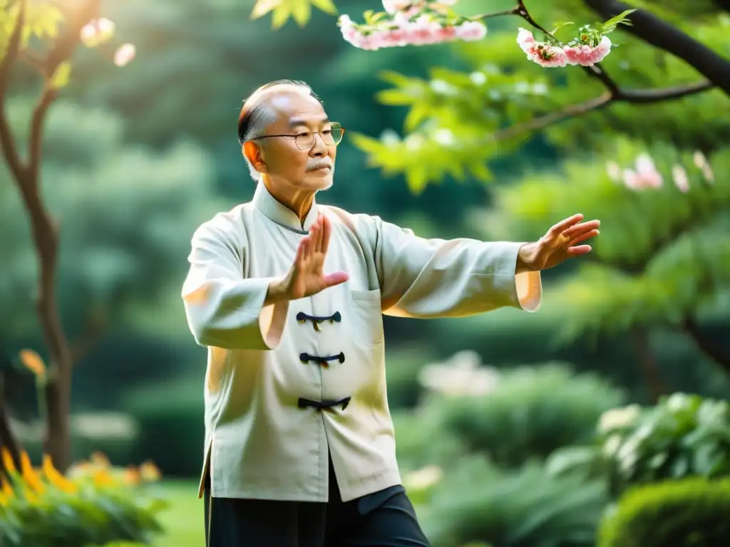 Un maestro de artes marciales anciano realiza una rutina precisa de tai chi en un jardín sereno con vegetación exuberante y flores