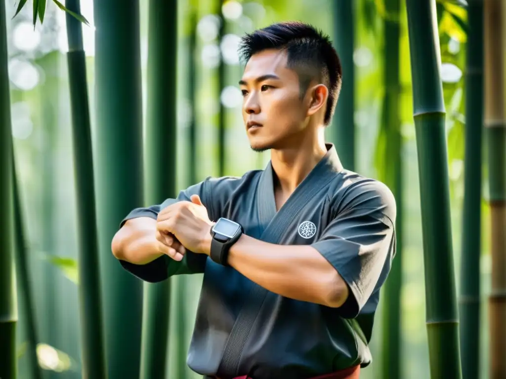 Un maestro de artes marciales antiguo en un bosque de bambú, usando un smartwatch para entrenar