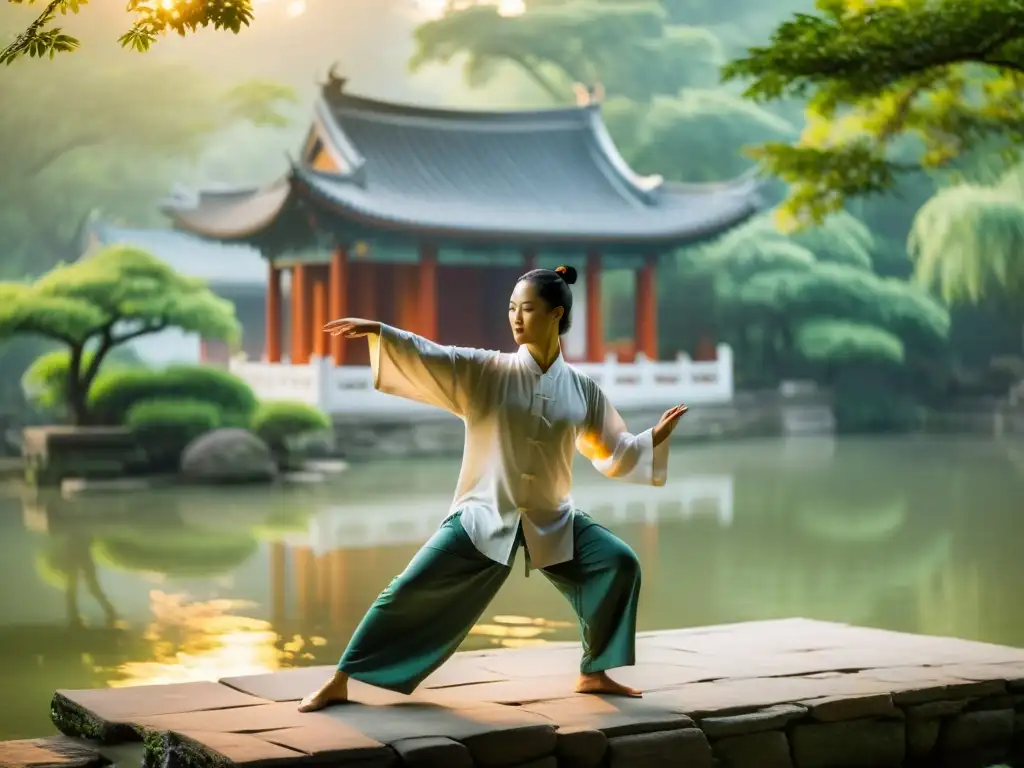 Maestro de artes marciales en un antiguo templo chino practicando tai chi al amanecer, en armonía con la filosofía taoísta en artes marciales