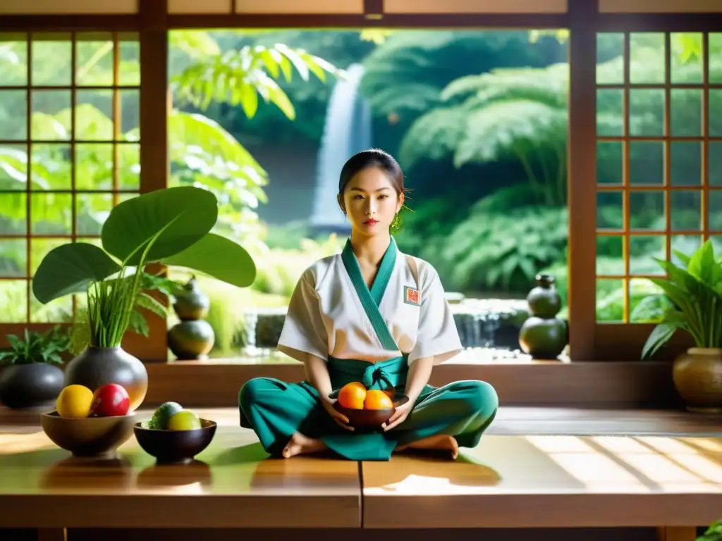 Maestro de artes marciales en armonía con la naturaleza, frente a una mesa con frutas y vegetales frescos