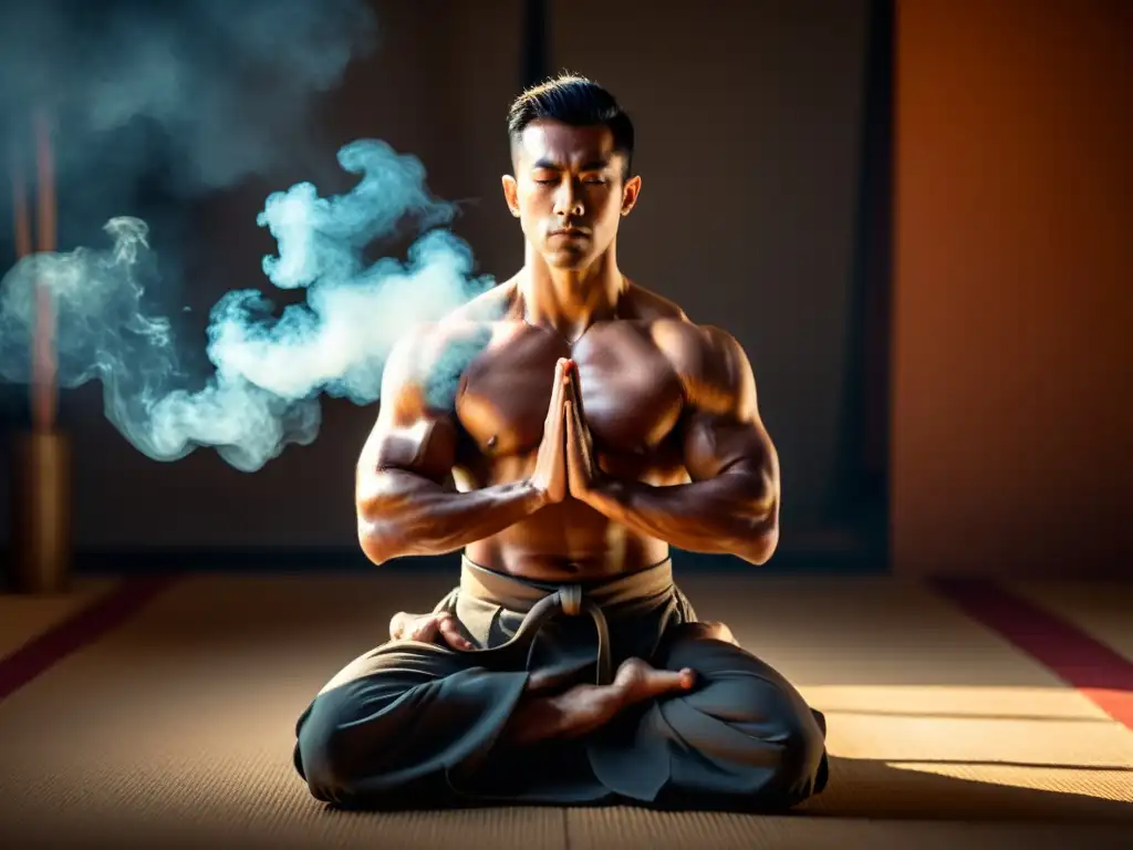 Maestro de artes marciales realizando una asana de yoga en un estudio sereno, exhibiendo fuerza y concentración