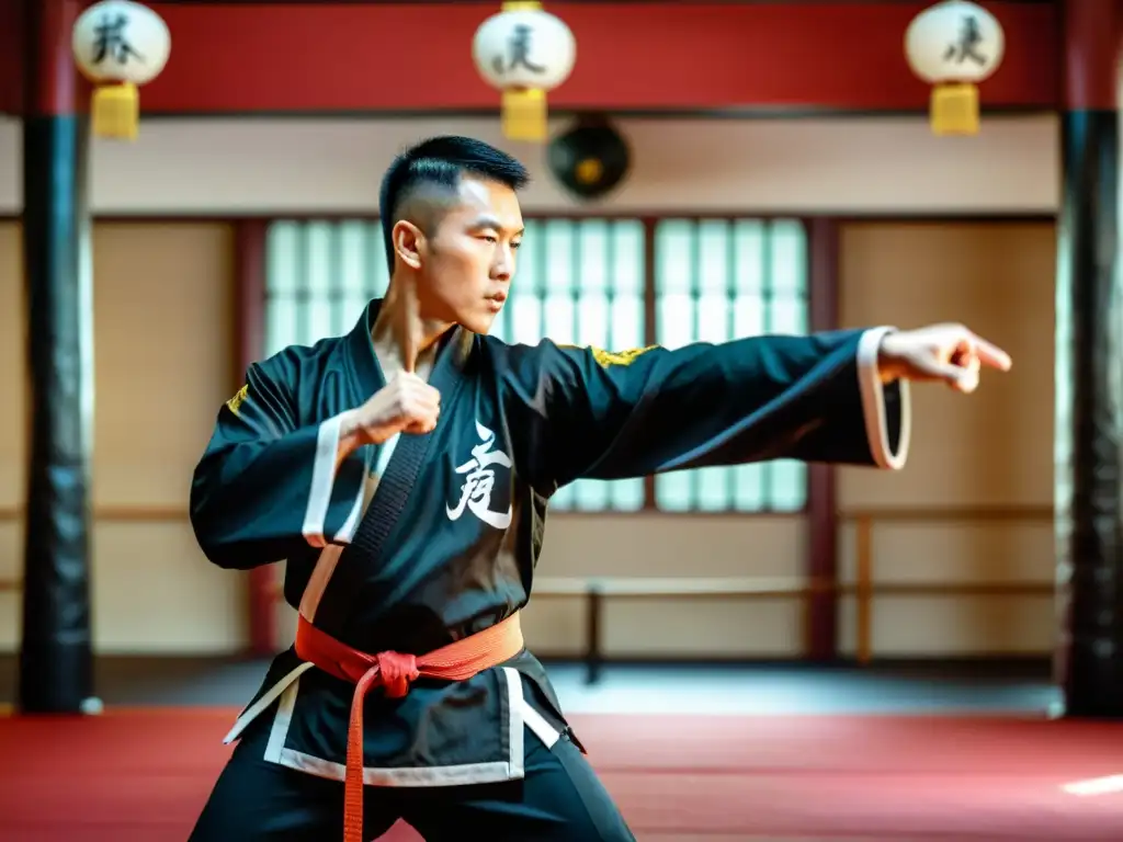 Un maestro de artes marciales en atuendo tradicional de Wing Chun mostrando poderosos y precisos golpes, con determinación en su rostro