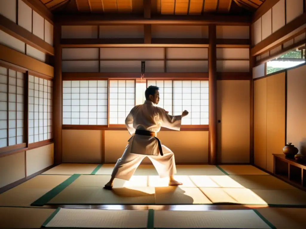 Maestro de artes marciales en gi blanco ejecuta kata en dojo tradicional, capturando el renacimiento de las artes marciales tradicionales en la era globalizada