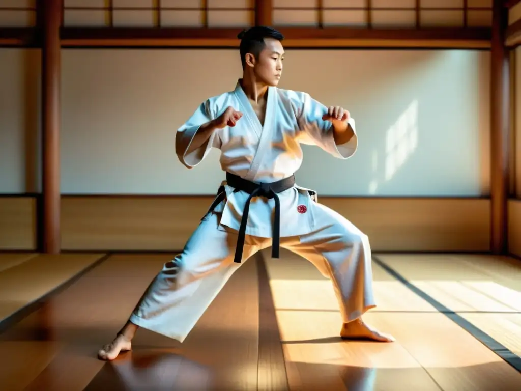 Un maestro de artes marciales en un gi blanco tradicional realiza una kata precisa y poderosa en un dojo sereno