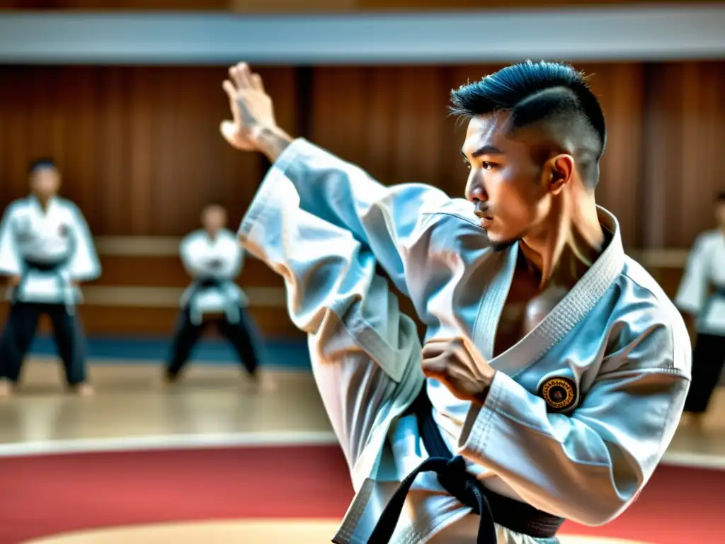 Un maestro de artes marciales, con un gi blanco tradicional, ejecuta un impecable roundhouse kick