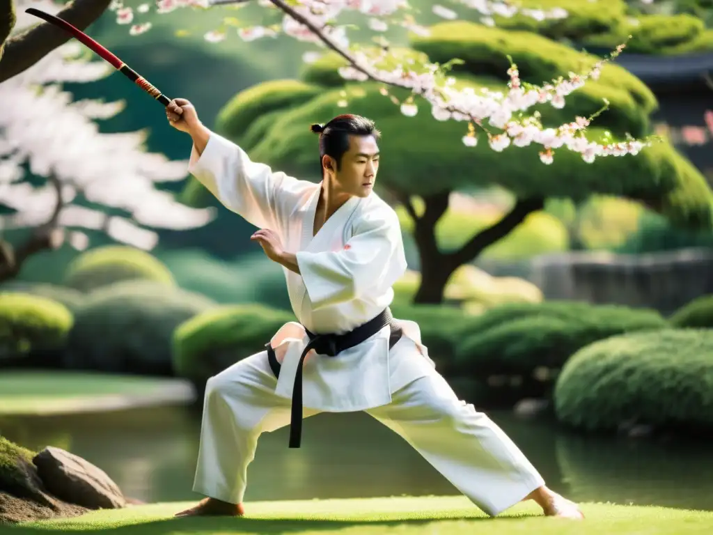 Un maestro de artes marciales en un gi blanco tradicional ejecutando una técnica precisa de Aikido en un exuberante jardín japonés con cerezos en flor