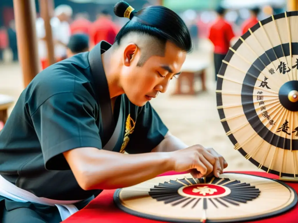 Un maestro de artes marciales crea caligrafía en un abanico de madera rodeado de coloridos souvenirs de artes marciales en un animado festival